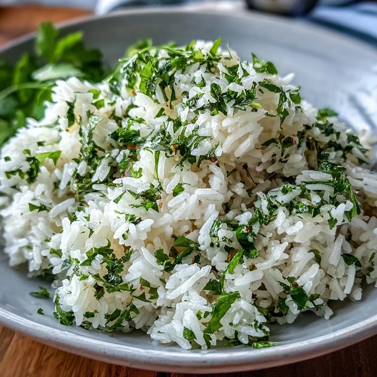 Steamed long-grain rice with minced garlic, tossed with lime zest, lime juice, and vibrant green cilantro leaves.