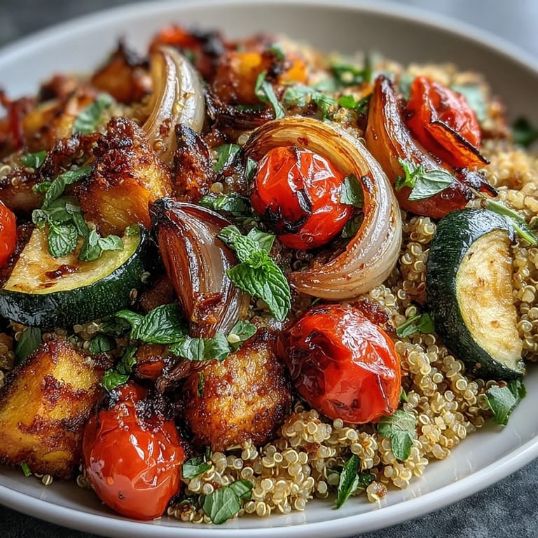 Colorful roasted vegetables like zucchini, bell peppers, and carrots mixed into this hearty quinoa vegetable pilaf.