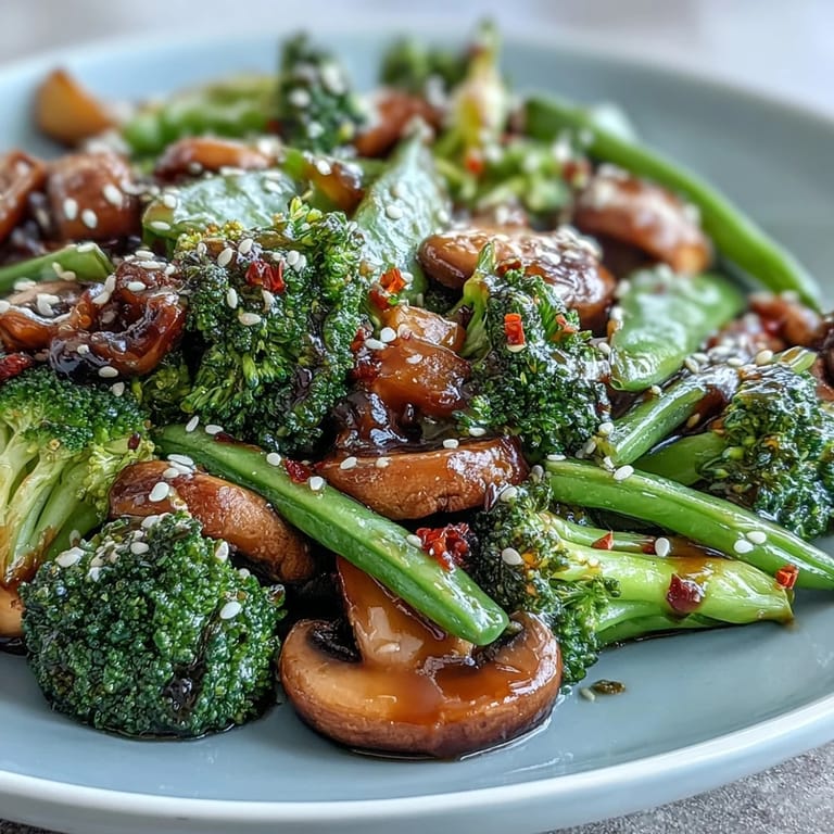 Freshly cooked Ginger Stir-Fried Vegetables served over steamed jasmine rice, topped with toasted sesame seeds and sliced green onions for garnish.