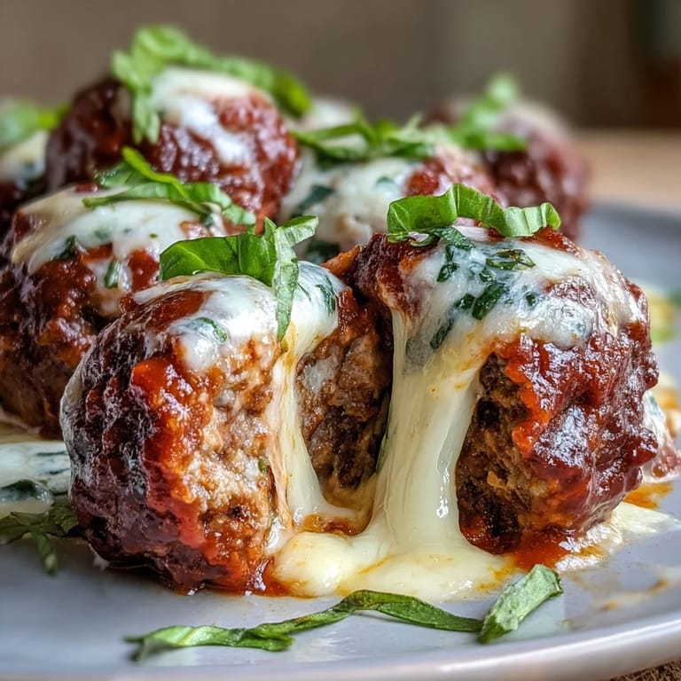 Juicy beef and pork cheesy garlicky meatballs topped with melted mozzarella, swimming in steaming marinara sauce beside gluten-free pasta.