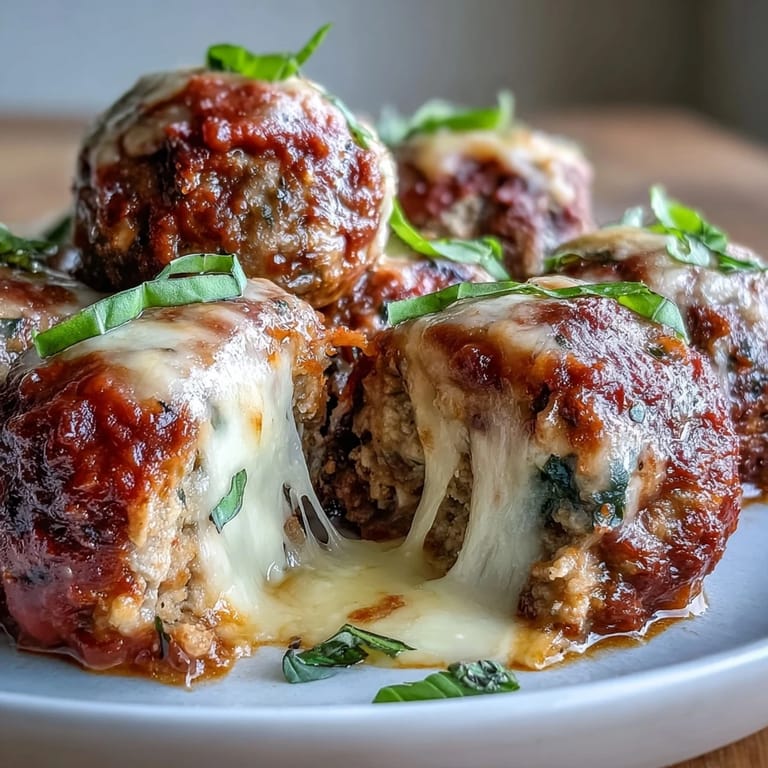 Gluten-free cheesy garlicky meatballs with marinara served bubbling in a skillet, garnished with fresh basil and ready to be enjoyed.