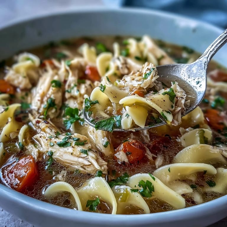 A hearty bowl of Instant Pot Chicken Noodle Soup garnished with fresh parsley, served alongside crusty bread.