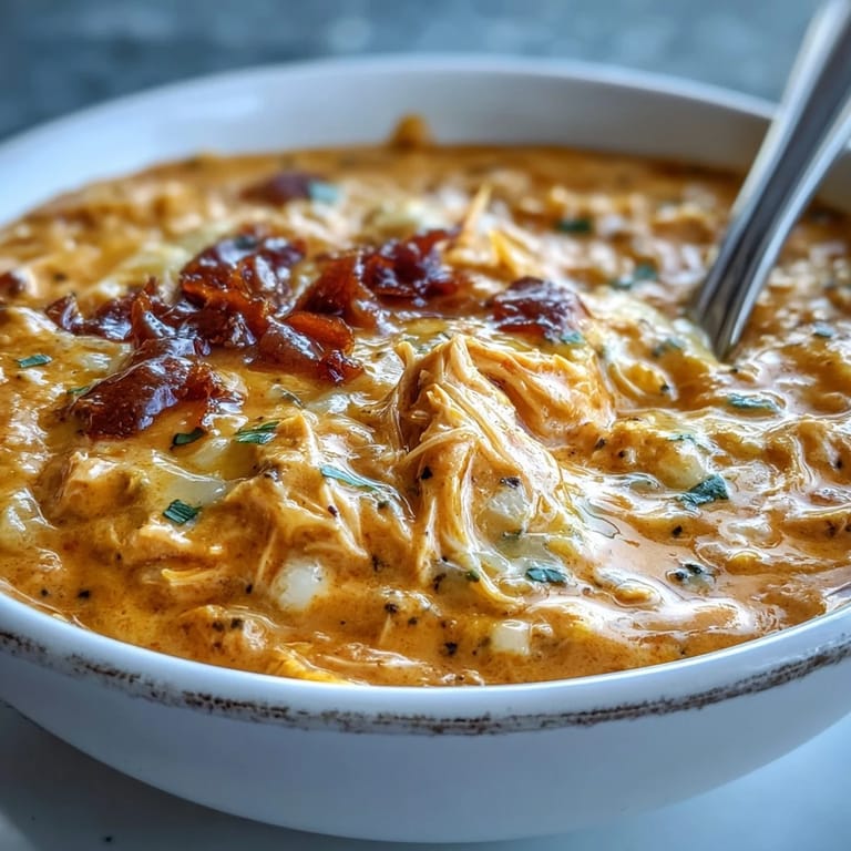 A ladle pouring rich Crock Pot Buffalo Chicken Dip Soup into a bowl, with a side of tortilla chips for dipping.