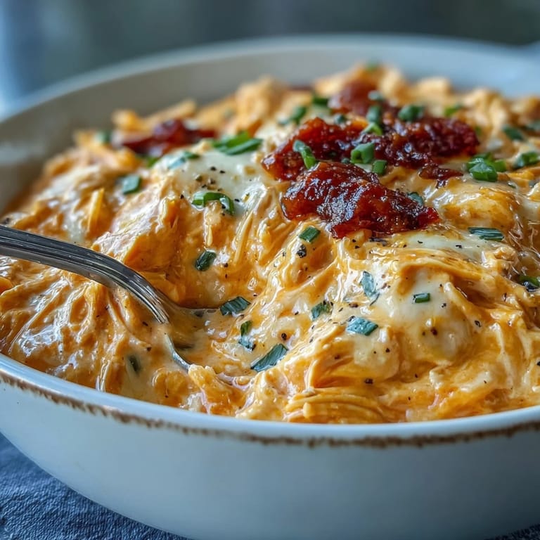 A creamy Crock Pot Buffalo Chicken Dip Soup with melted cheddar and shredded chicken inside a slow cooker, steaming warmly.