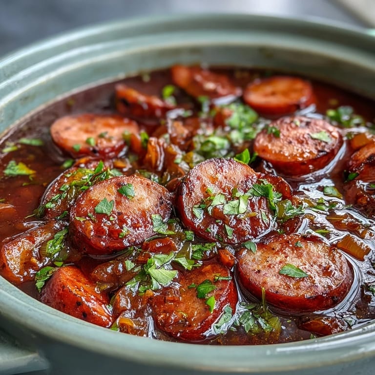 Close-up of Crock Pot BBQ Cocktail Sausage Soup, showcasing smoked sausage slices and colorful bell peppers in a rich, tangy broth.
