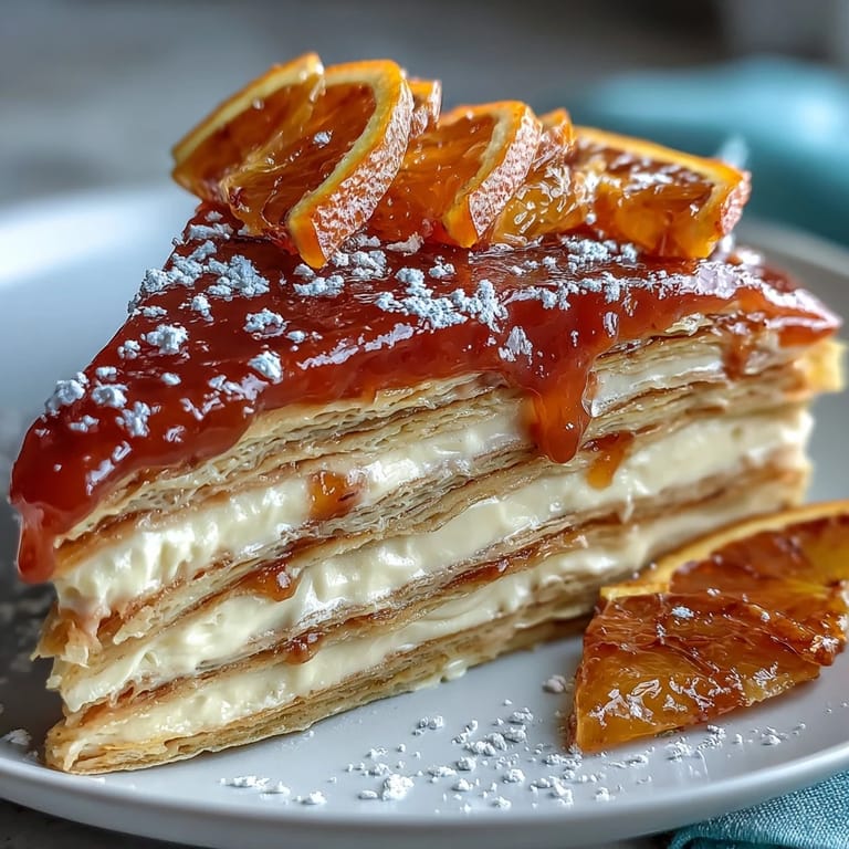 Blood Orange Curd Crêpe Cake garnished with orange slices, zest, and powdered sugar.