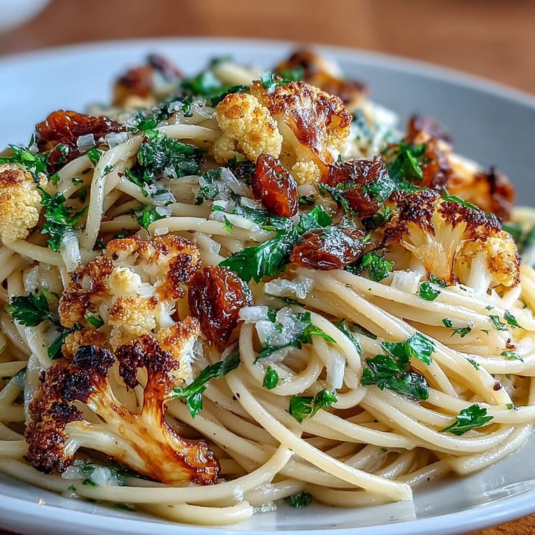 Close-up of Italian Cauliflower, Anchovy and Raisin Spaghetti garnished with fresh parsley and lemon zest.