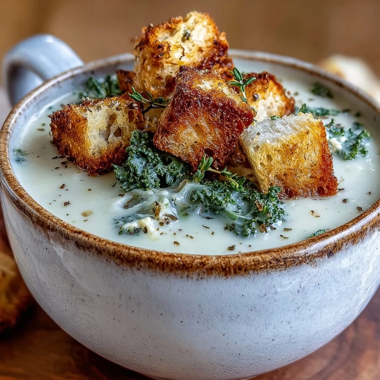Bright green cauliflower and broccoli soup steaming gently, garnished with crunchy homemade croutons on top.