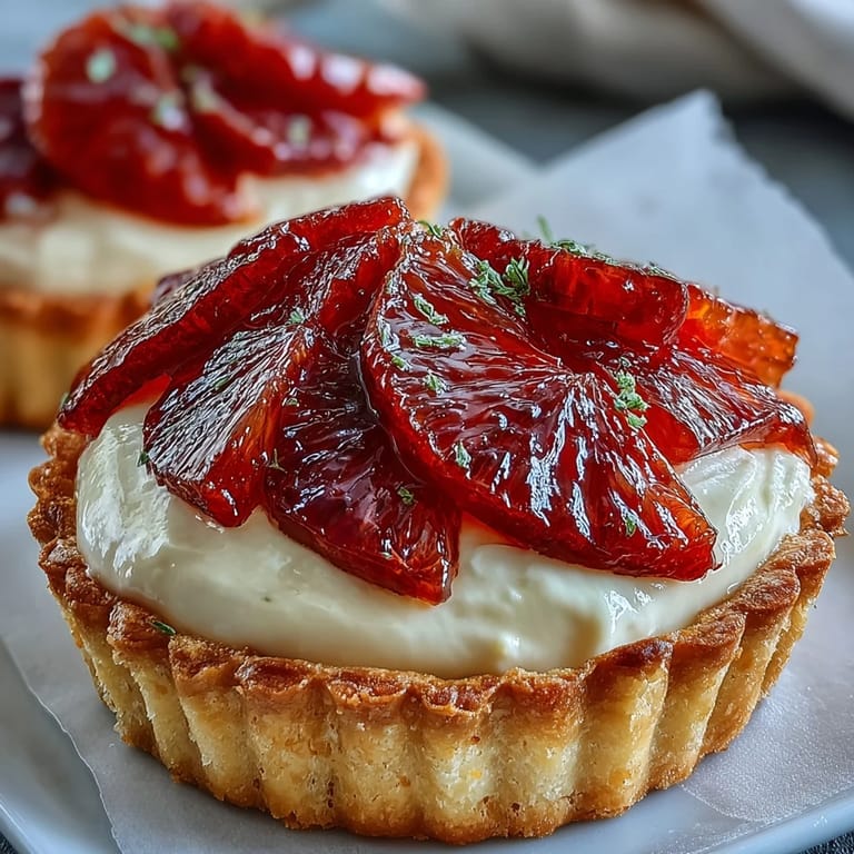 Six chilled Blood Orange Tarts garnished with glistening honey glaze sit beside sliced blood oranges and a glass of rosé.