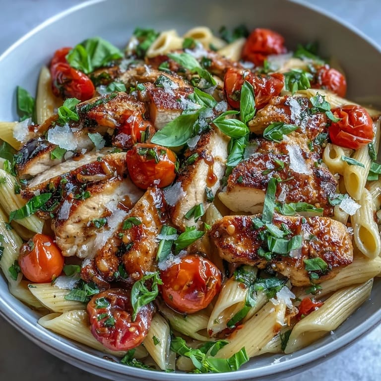 A skillet of Bruschetta Chicken Pasta topped with grated Parmesan, balsamic glaze, and basil, ready to serve for weeknight dinner.