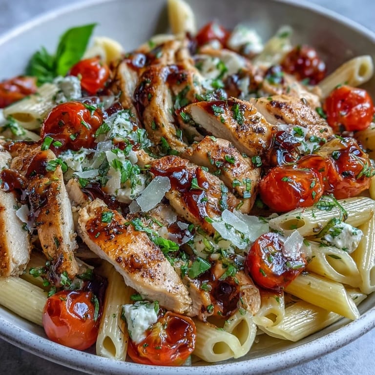 Close-up of Bruschetta Chicken Pasta showing tender chicken, glossy tomatoes, and melted mozzarella, highlighting a fresh Italian-American meal.