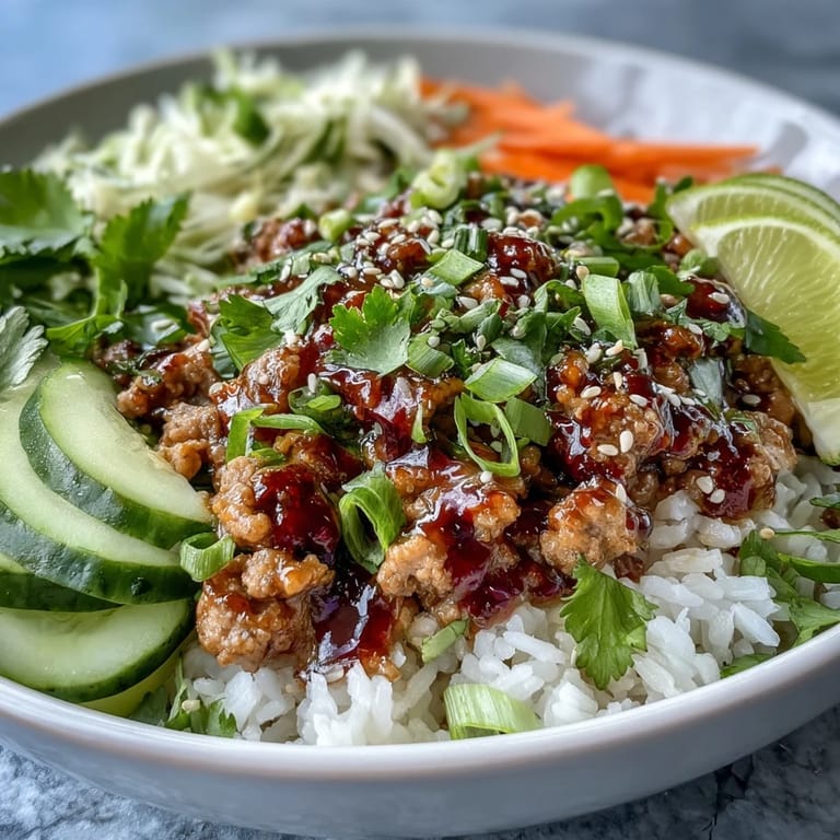 Bang Bang Ground Turkey Rice Bowls served warm with fluffy rice, vibrant julienned carrots, crisp cucumbers, red cabbage, scallions, and lime wedges for squeezing.