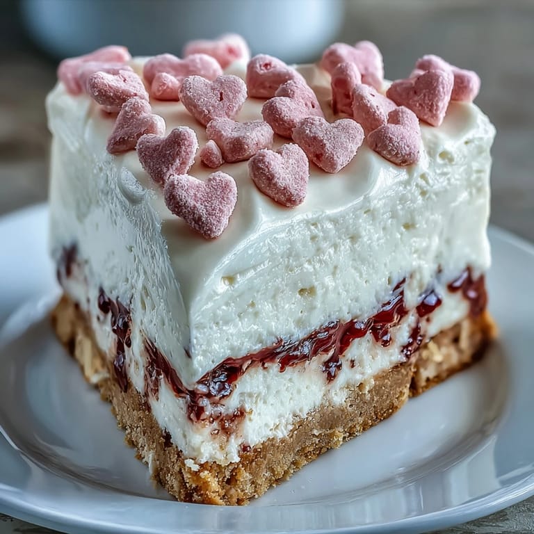 Tall slice of Candy Hearts Fake Cake topped with velvety whipped cream, ready for a sweet party.