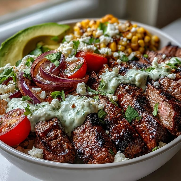 Zesty cilantro cream sauce drizzles over tender steak and sweet corn in a hearty Steak, Avocado, and Roasted Corn Bowl.