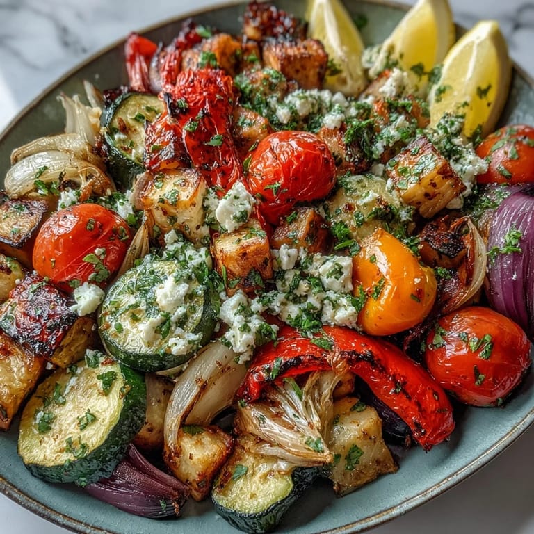 Freshly roasted Mediterranean Greek vegetables with caramelized cherry tomatoes and minced garlic, steam rising from the tray.