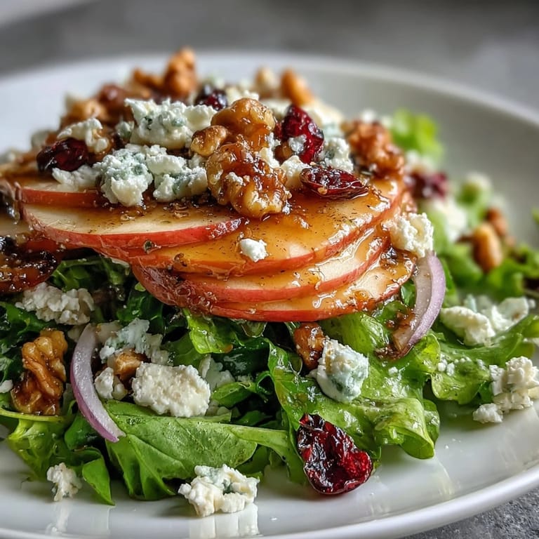 Tossed Mixed Greens and Apple Bowl salad with walnuts, feta cheese, and apples, lightly coated in homemade cider vinaigrette on a rustic table.