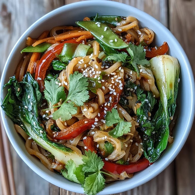 Colorful stir-fry with shirataki noodles, bok choy, and bell peppers tossed in fragrant ginger sauce, topped with sesame seeds.  