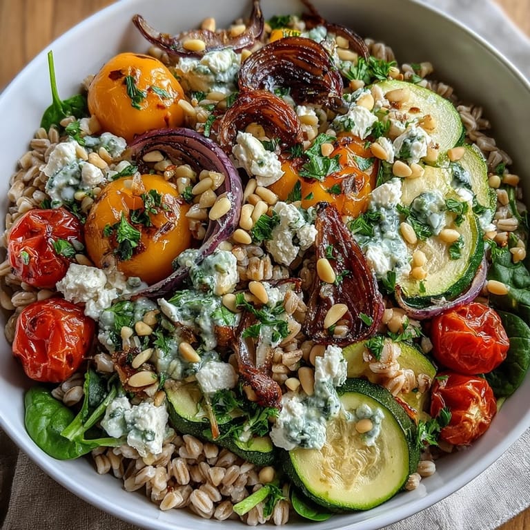 Warm Farro Pasta Bowl featuring al dente grains tossed with cherry tomatoes and a zesty lemon-olive oil dressing.