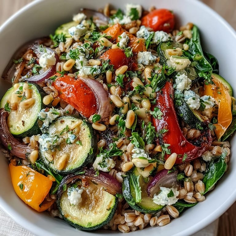 Colorful Mediterranean Farro Pasta Bowl with crunchy pine nuts and fresh parsley, served as a healthy vegetarian main dish.