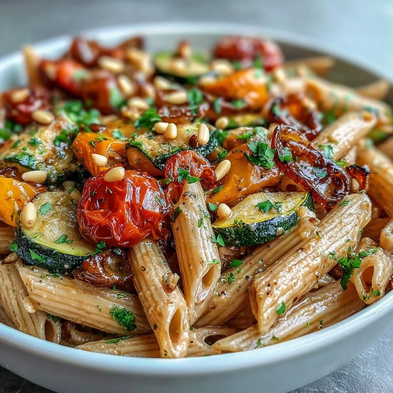Hearty Whole Wheat Pasta Bowl featuring al dente pasta tossed with colorful roasted vegetables and a protein-packed creamy sauce in a rustic bowl.  