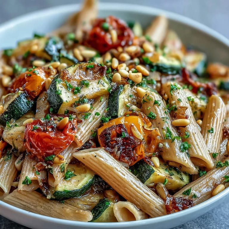 Serving suggestion for Whole Wheat Pasta Bowl: a steaming bowl of nutty whole wheat penne, caramelized veggies, and a dollop of creamy yogurt sauce.