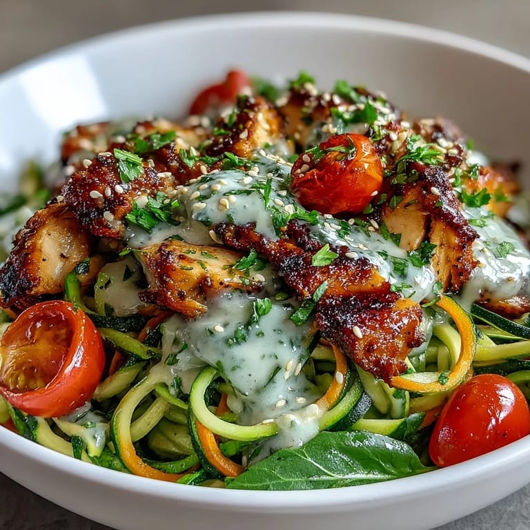 Tahini sauce drizzled over a hearty Spiralized Vegetable Bowl with chicken, garnished with parsley and toasted sesame seeds.