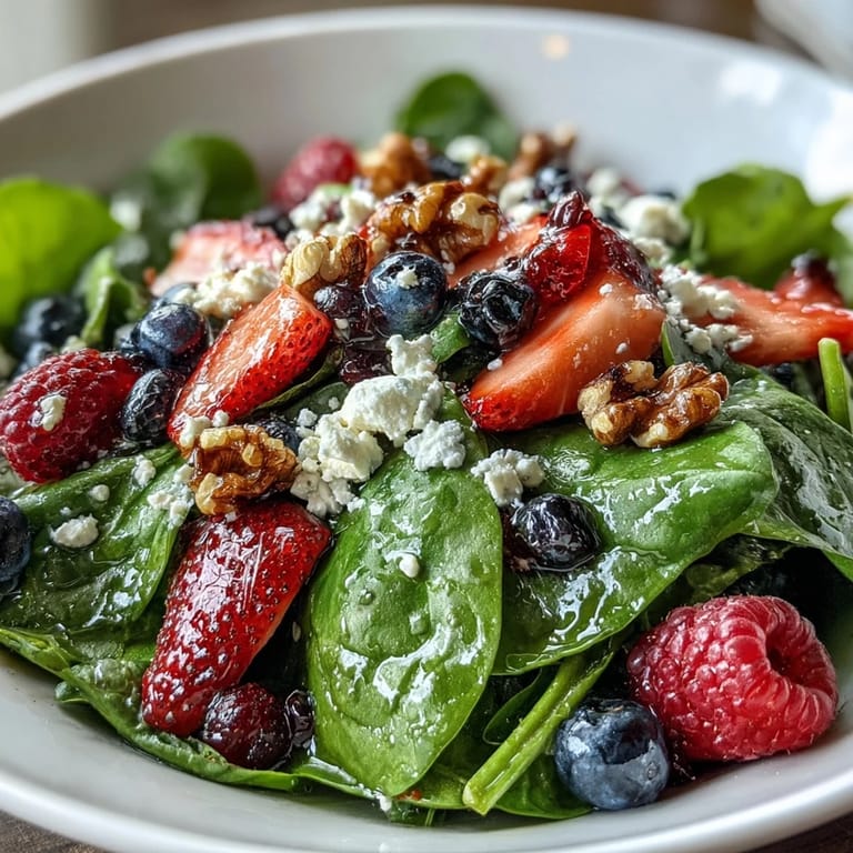 Delectable spinach and berry salad bowl, a perfect light and colorful healthy meal.