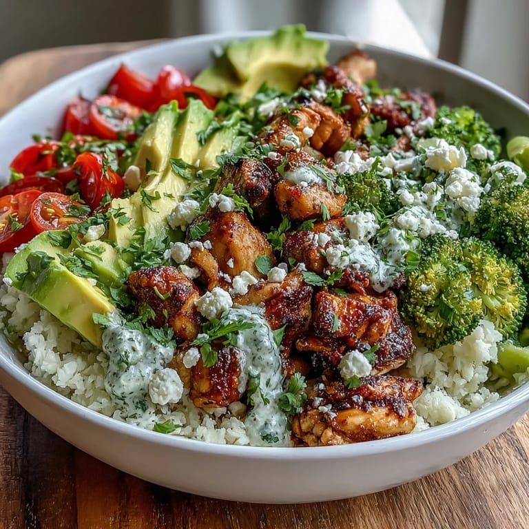 A close-up view of a nutritious Cauliflower Rice Bowl featuring tender chicken, roasted bell peppers, and juicy cherry tomatoes, ready for a healthy dinner.  