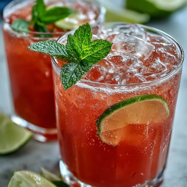 A close-up shows guava juice with sparkling water over ice, garnished with mint, offering a sweet and tart tropical sip.