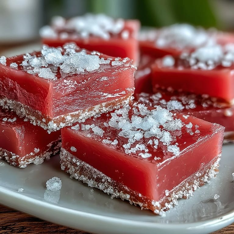 Goan guava cheese candy cut into diamond shapes, showing glossy texture and tangy pink interior.