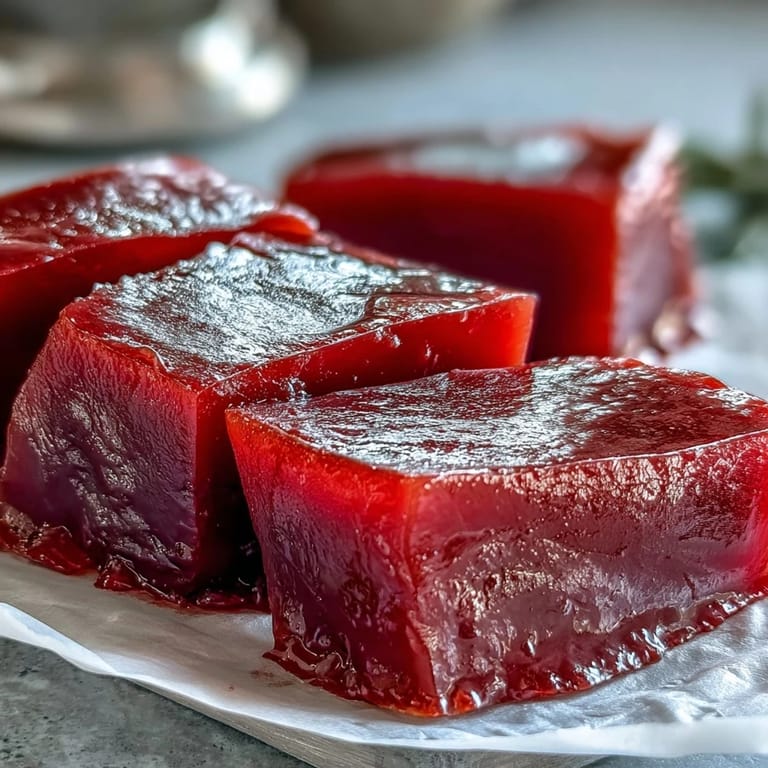 Golden homemade guava paste sliced into squares, arranged on a platter with creamy cheese and crackers for a sweet-savory snack.