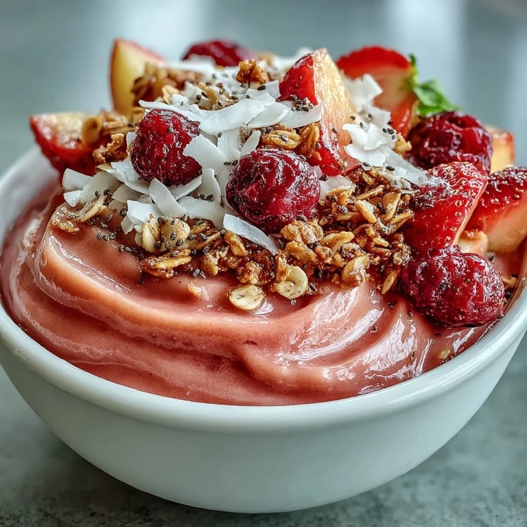 Spoon into a creamy Guava and Mango Smoothie Bowl filled with coconut flakes, chia seeds, and colorful berries.