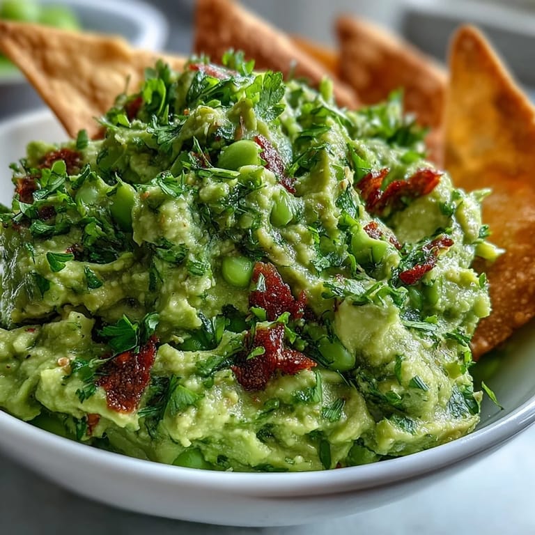 Vibrant green edamame guacamole blended with cilantro and lime, paired with smoky paprika pita chips for a delicious appetizer.