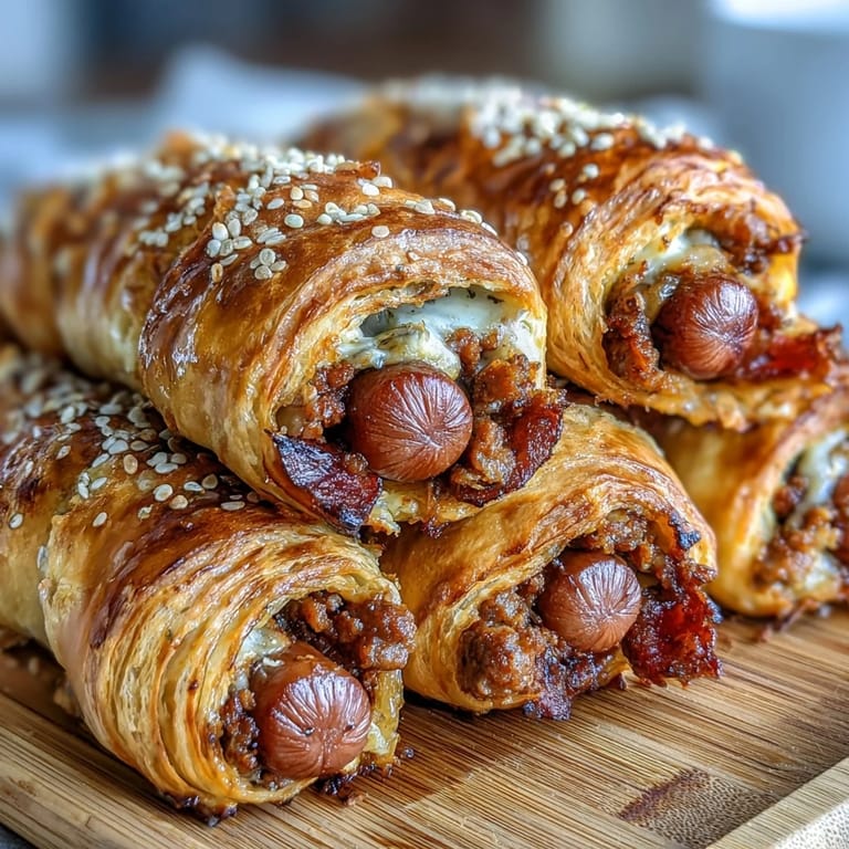 Fun party appetizer: mini hot dogs in crescent roll dough, topped with sesame seeds for extra crunch.
