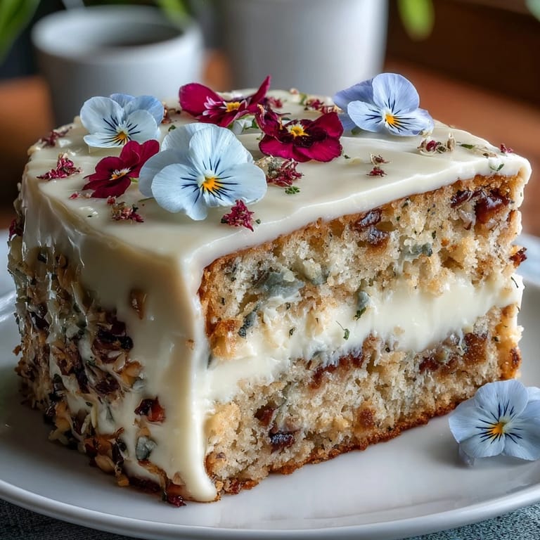 Elegant Spring Cake with Pressed Edible Flowers: Soft vanilla cake with fluffy whipped cream frosting, decorated with pressed pansies and violets for a floral centerpiece.  