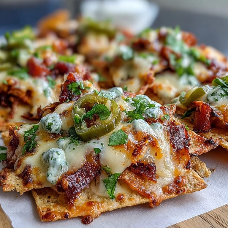 Crispy tortilla chips smothered in rich cheese sauce, juicy seasoned beef, and tangy pickled jalapeños, perfect for game day gatherings or party platters.