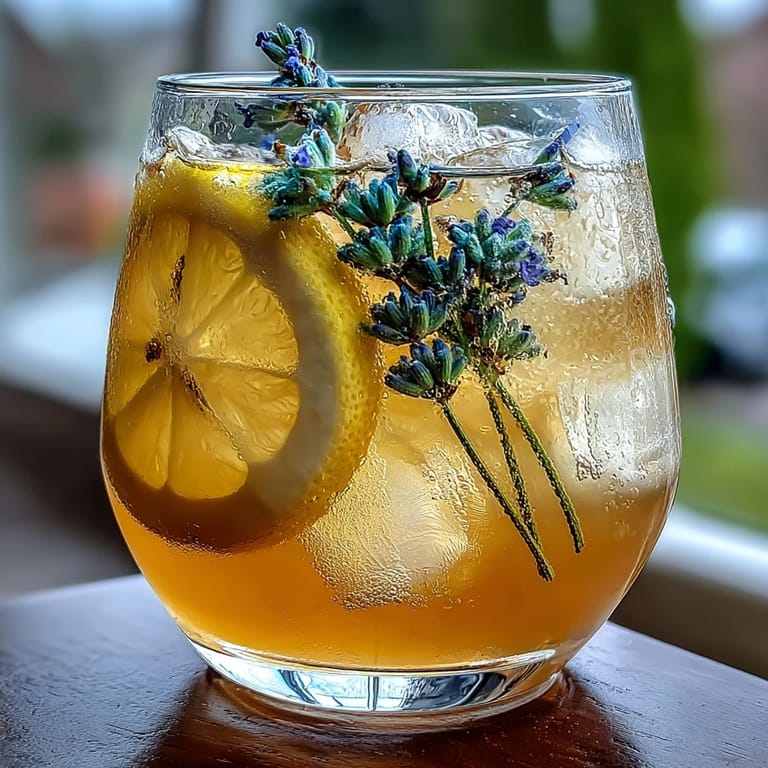 Close-up of lavender lemonade spritz with ice cubes, golden bubbles rising, and a sprig of fresh lavender for fragrance.