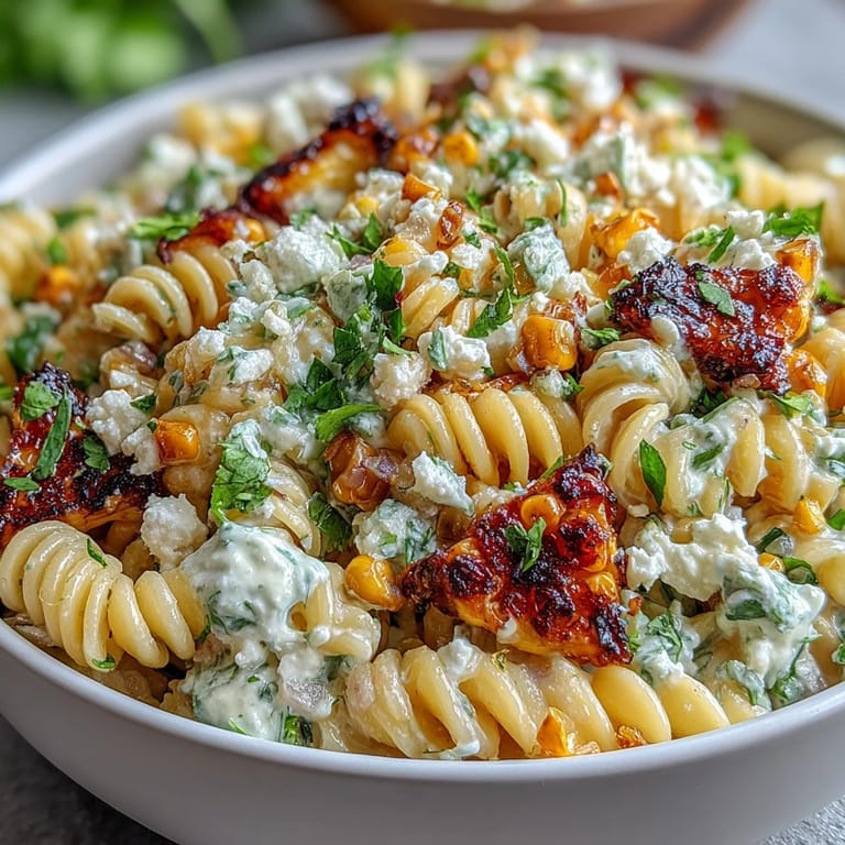Creamy Elote Pasta Salad featuring Cotija cheese, fresh cilantro, and a smoky chili-lime flavor.