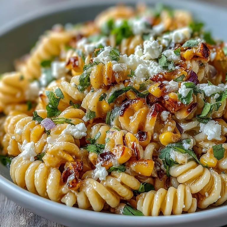 Colorful Mexican-inspired Elote Pasta Salad with tangy lime, spicy chili, and sweet corn kernels.