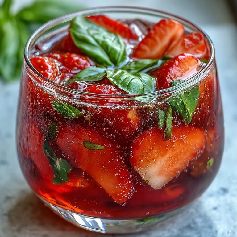 Strawberry basil sangria mocktail in a glass with ice, garnished with basil and berries.