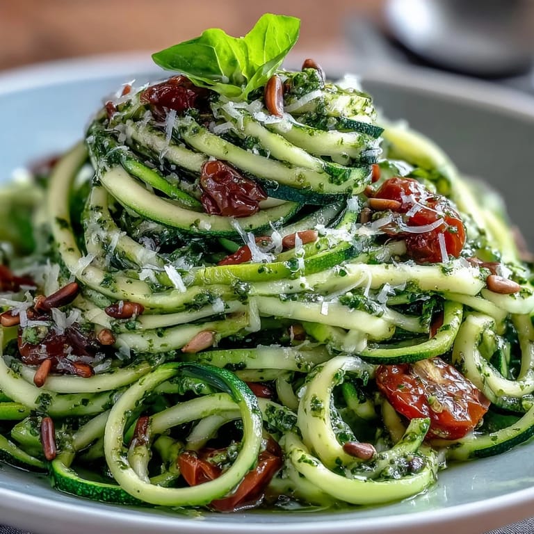 Healthy zucchini noodles with bright pesto sauce and halved cherry tomatoes, garnished with Parmesan and basil for a Mediterranean-inspired dish.