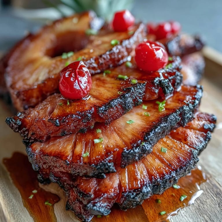 Golden Honey Glazed Ham with Pineapple and cherries, delivering a juicy, aromatic main dish that delights at celebratory feasts.