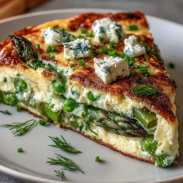 A vibrant spring frittata with tender asparagus, peas, and spinach, baked until golden and finished with tangy goat cheese.