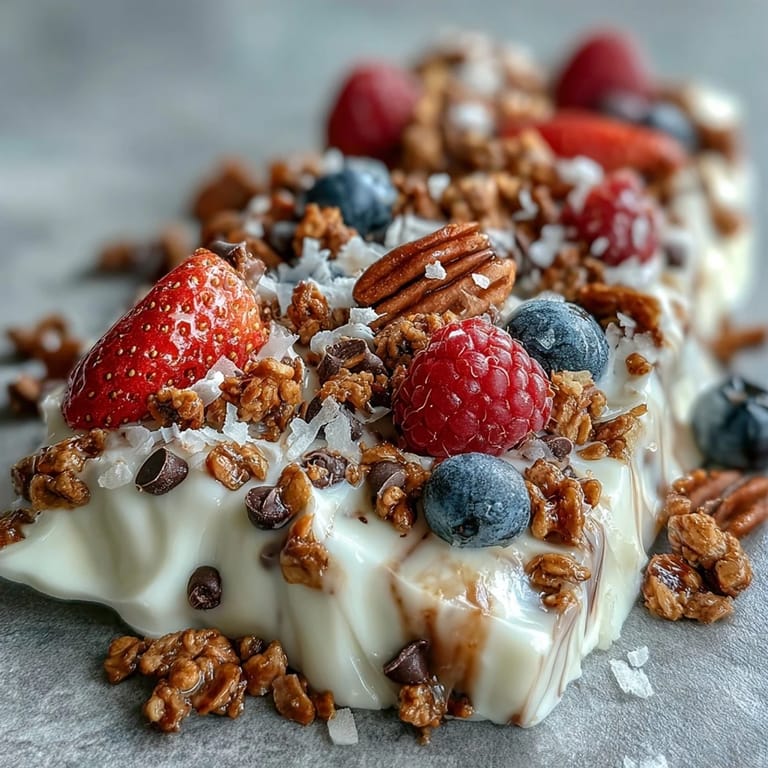 Wholesome frozen yogurt bark layered with fresh berries and granola, offering a cool, nutritious snack bursting with flavor and texture.