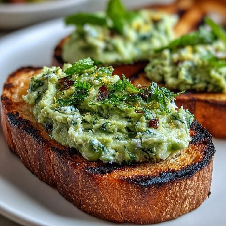 Grilled sourdough topped with a zesty fava bean and mint mixture, offering a fresh and satisfying vegetarian appetizer.