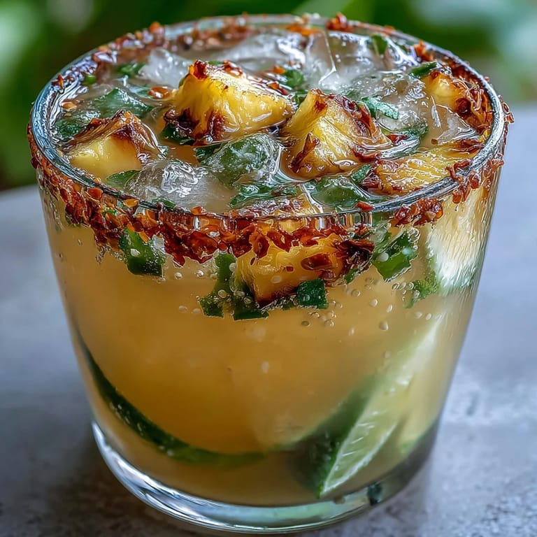 Homemade pineapple jalapeño agua fresca with a golden hue, showcasing fresh fruit and a hint of green jalapeño for a zesty kick.