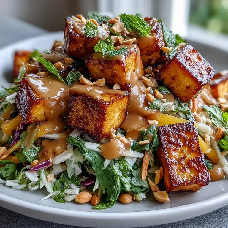 Refreshing Thai-inspired mango salad topped with golden crispy tofu and drizzled with tangy peanut dressing.  