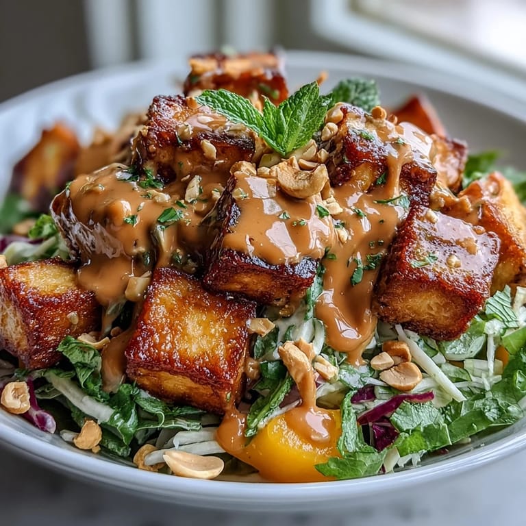 Colorful Thai mango salad with crunchy vegetables, golden tofu, and rich peanut sauce for a satisfying meal.