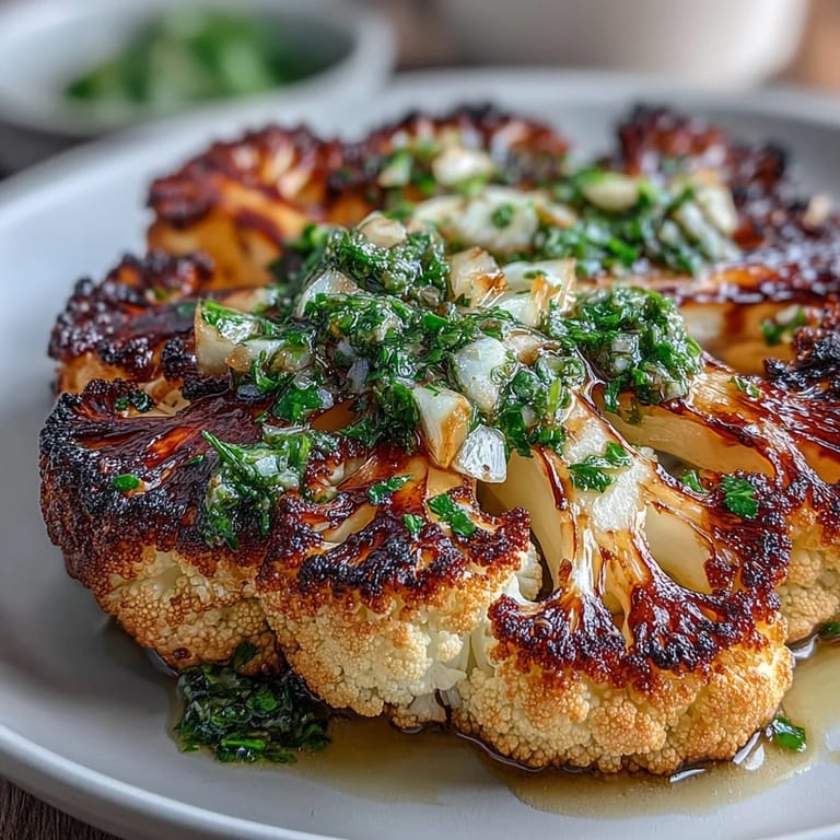 Charred cauliflower steaks served with vibrant chimichurri, offering a smoky and herbaceous vegan main dish.
