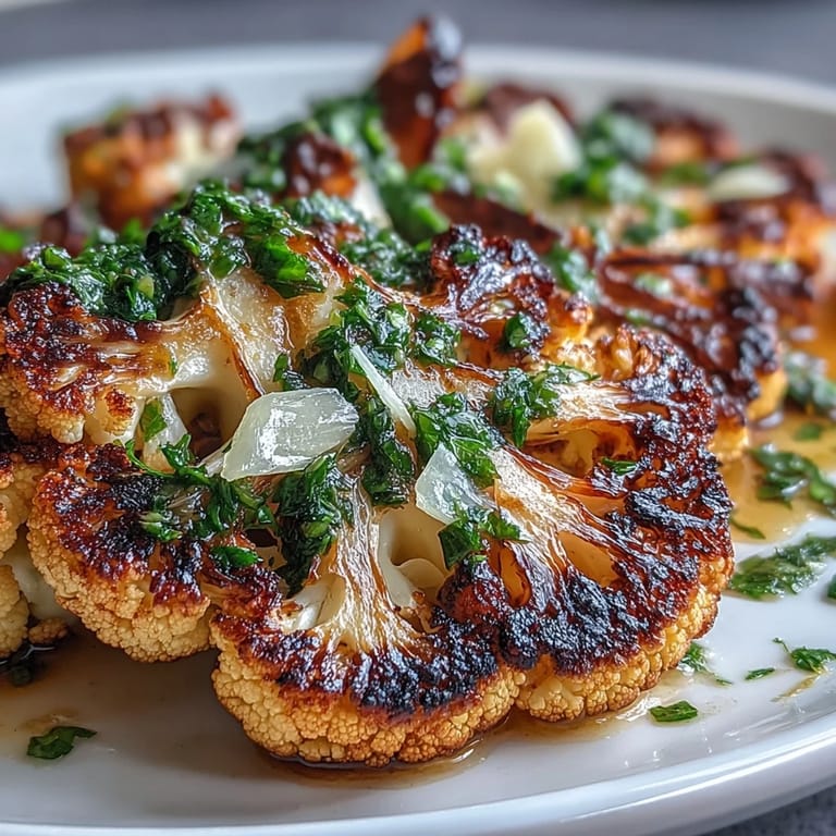 Grilled cauliflower steaks infused with BBQ spices and finished with zesty chimichurri for a plant-based feast.